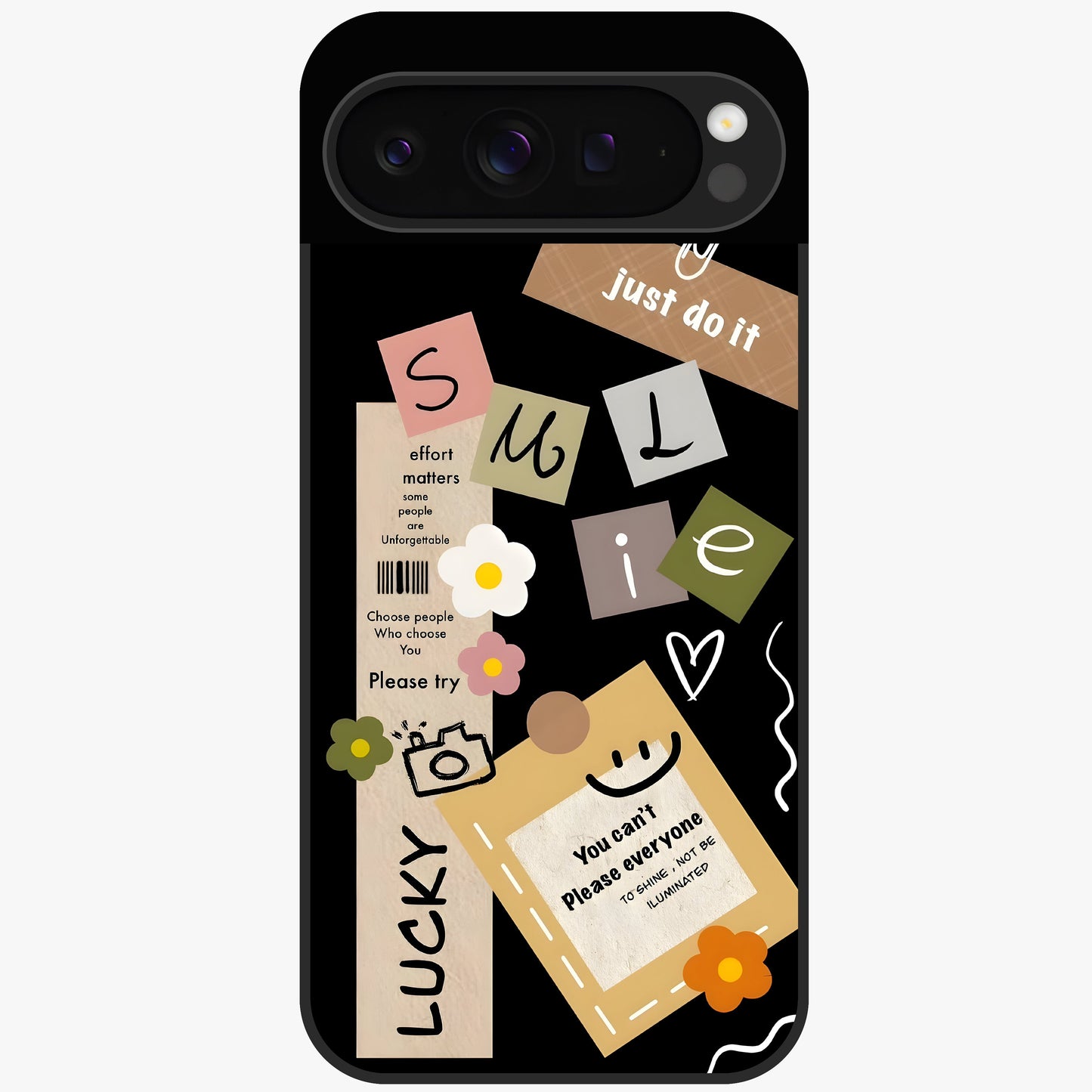 Lucky Aesthetic Collage Glass Case showing flat back view with trendy aesthetic collage artwork and glossy glass finish.