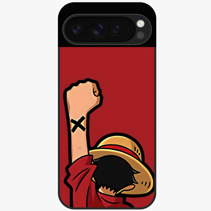 Luffy X Spirit Glass Case showing flat back view with bold anime character artwork and glossy glass finish.