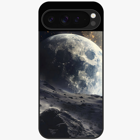 Lunar Horizon Glow Glass Case showing flat back view with glowing moon horizon artwork and glossy glass finish.