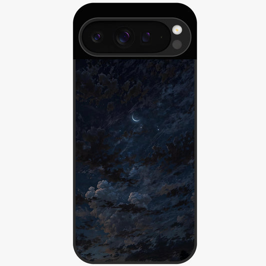 Lunar Veil Silence Glass Case showing flat back view with mystical moon veil artwork and glossy glass finish.