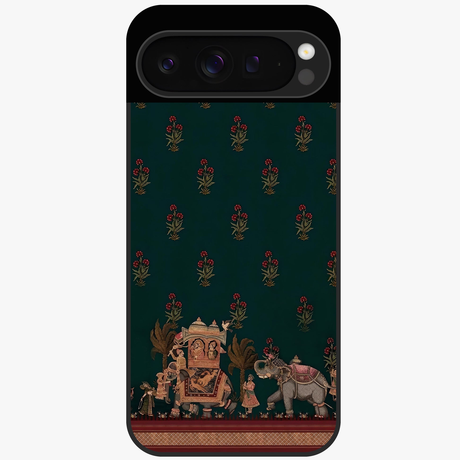 Macmerise Glass Case showing flat back view with stylish modern artwork and glossy glass finish.