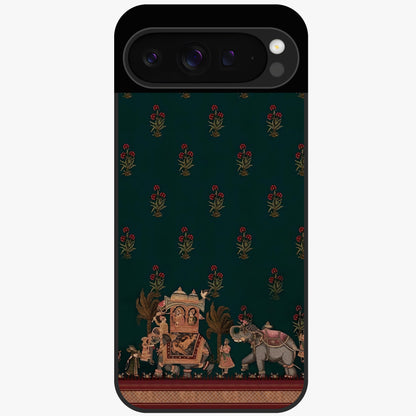 Macmerise Glass Case showing flat back view with stylish modern artwork and glossy glass finish.