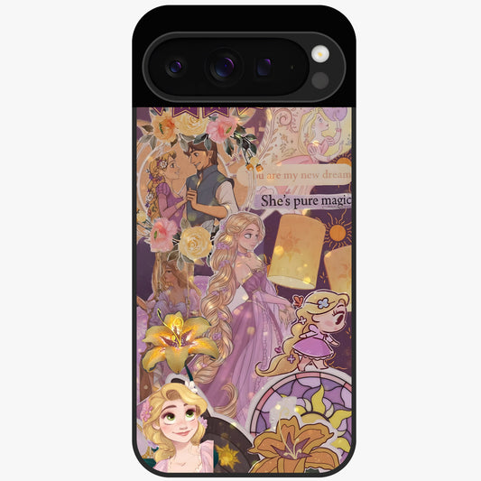 Magical Tangled Dream Glass Case showing flat back view with dreamy tangled artwork and glossy glass finish.