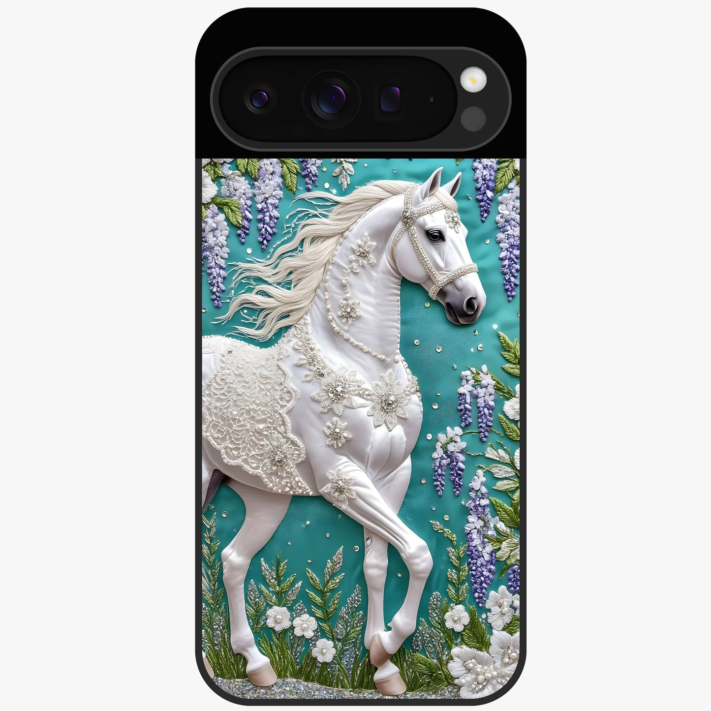Majestic Floral Stallion Glass Case showing flat back view with powerful horse and floral artwork and glossy glass finish.