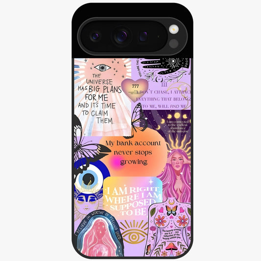 Manifestation Collage Glass Case showing flat back view with motivational collage artwork and glossy glass finish.