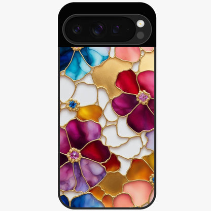 Marble Flower Pattern Glass Case showing flat back view with marble texture floral artwork and glossy glass finish.