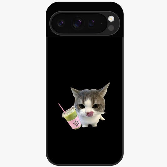 Matcha Cat Style Glass Case showing flat back view with cute matcha themed cat artwork and glossy glass finish.