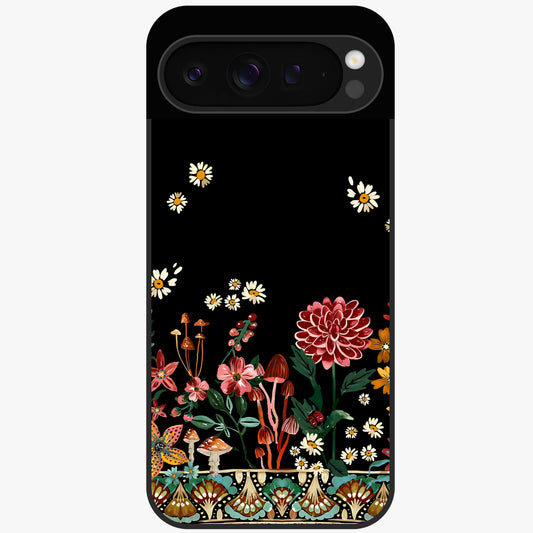 Midnight Bloom Pattern Glass Case showing flat back view with dark floral pattern artwork and glossy glass finish.