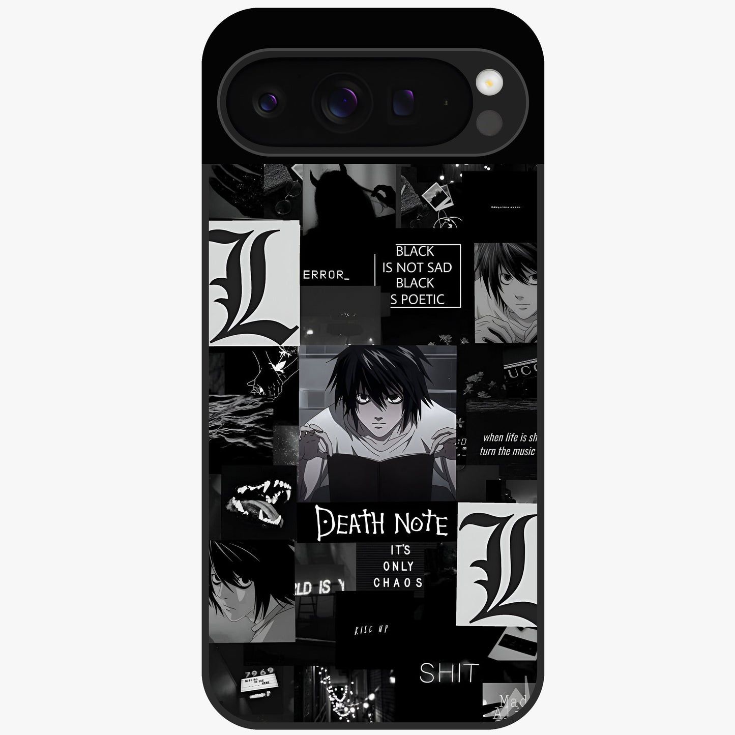 Midnight Chaos Mind Glass Case showing flat back view with abstract dark themed artwork and glossy glass finish.