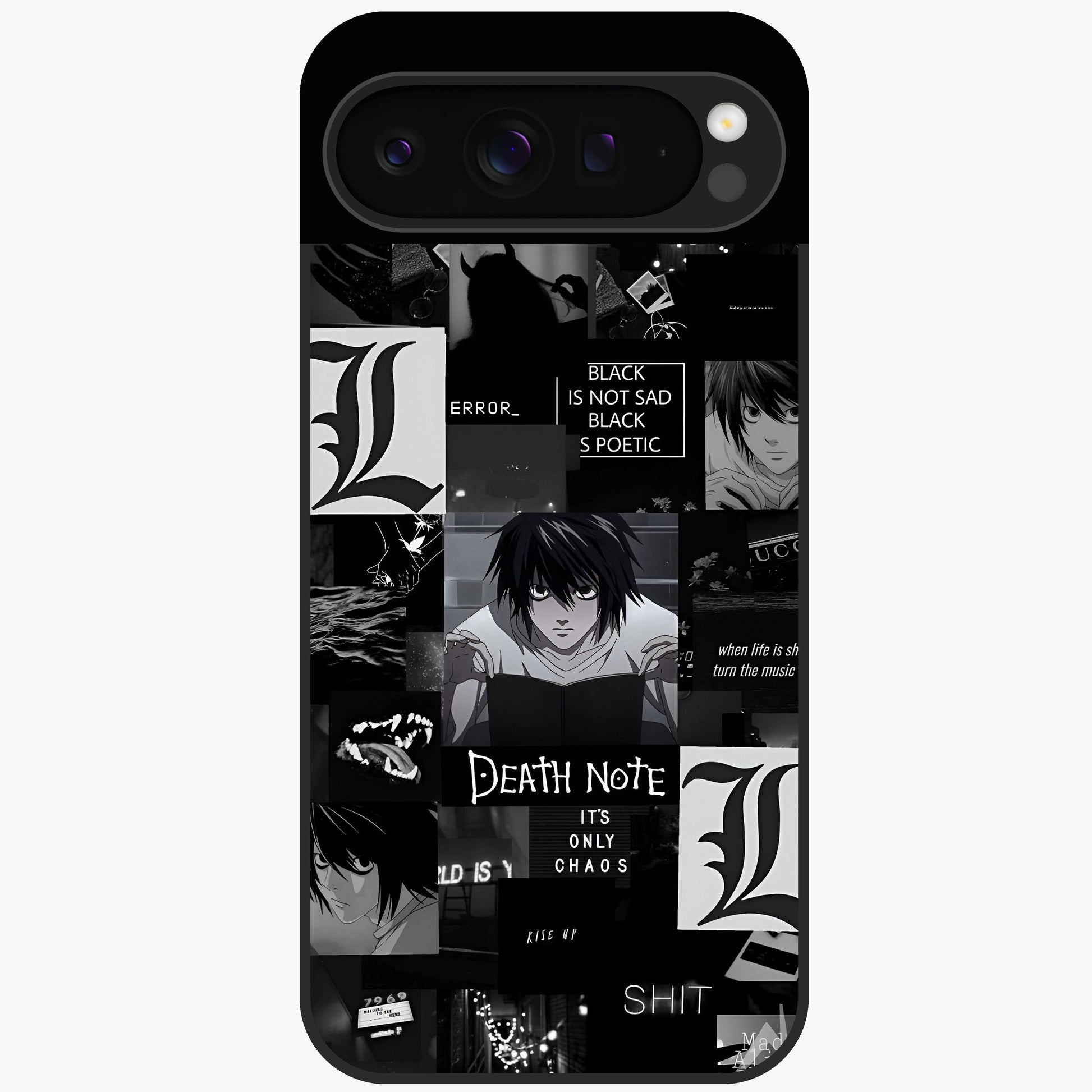 Midnight Chaos Mind Glass Case showing flat back view with abstract dark themed artwork and glossy glass finish.