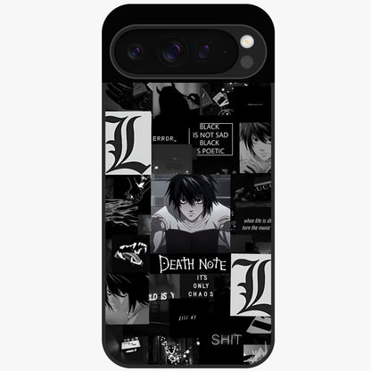 Midnight Chaos Mind Glass Case showing flat back view with abstract dark themed artwork and glossy glass finish.