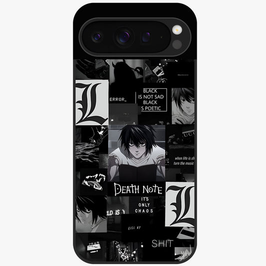 Midnight Chaos Mind Glass Case showing flat back view with abstract dark themed artwork and glossy glass finish.