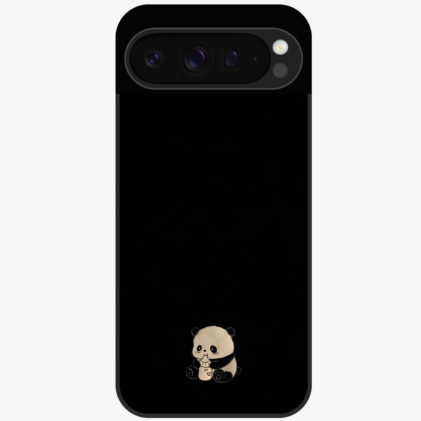 Midnight Panda Love Glass Case showing flat back view with cute panda themed artwork and glossy glass finish.