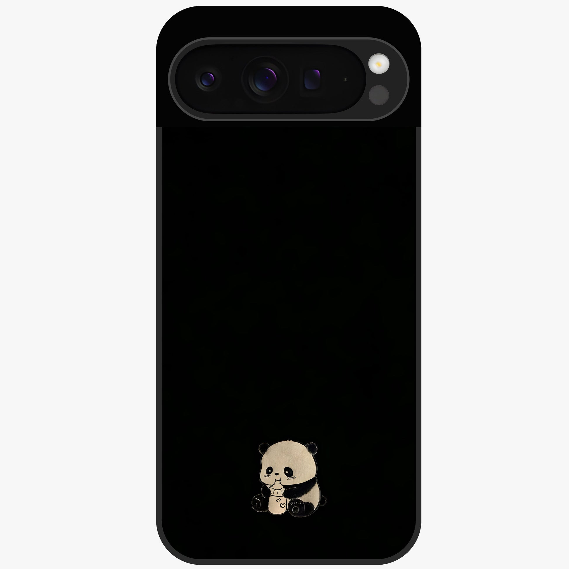 Midnight Panda Love Glass Case showing flat back view with cute panda themed artwork and glossy glass finish.