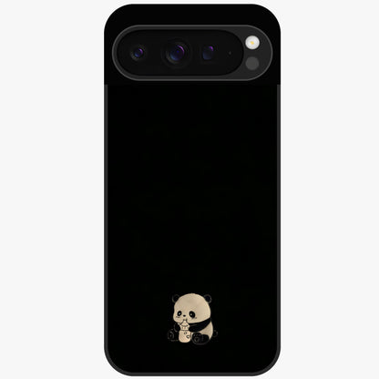 Midnight Panda Love Glass Case showing flat back view with cute panda themed artwork and glossy glass finish.