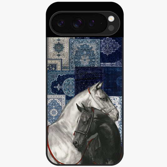 Midnight Stallion Blues Glass Case showing flat back view with majestic horse artwork and glossy glass finish.