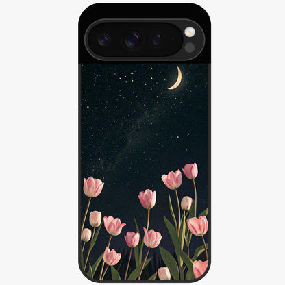 Midnight Tulip Whispers Vibe Glass Case showing flat back view with elegant tulip flower artwork and glossy glass finish.