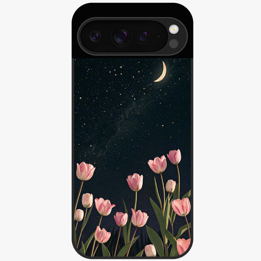 Midnight Tulip Whispers Vibe Glass Case showing flat back view with elegant tulip flower artwork and glossy glass finish.