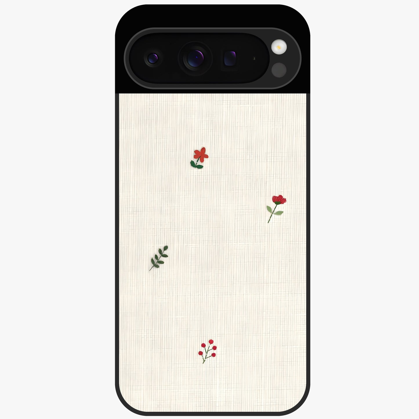 Minimal Petal Whispers Glass Case showing flat back view with soft minimal floral artwork and glossy glass finish.