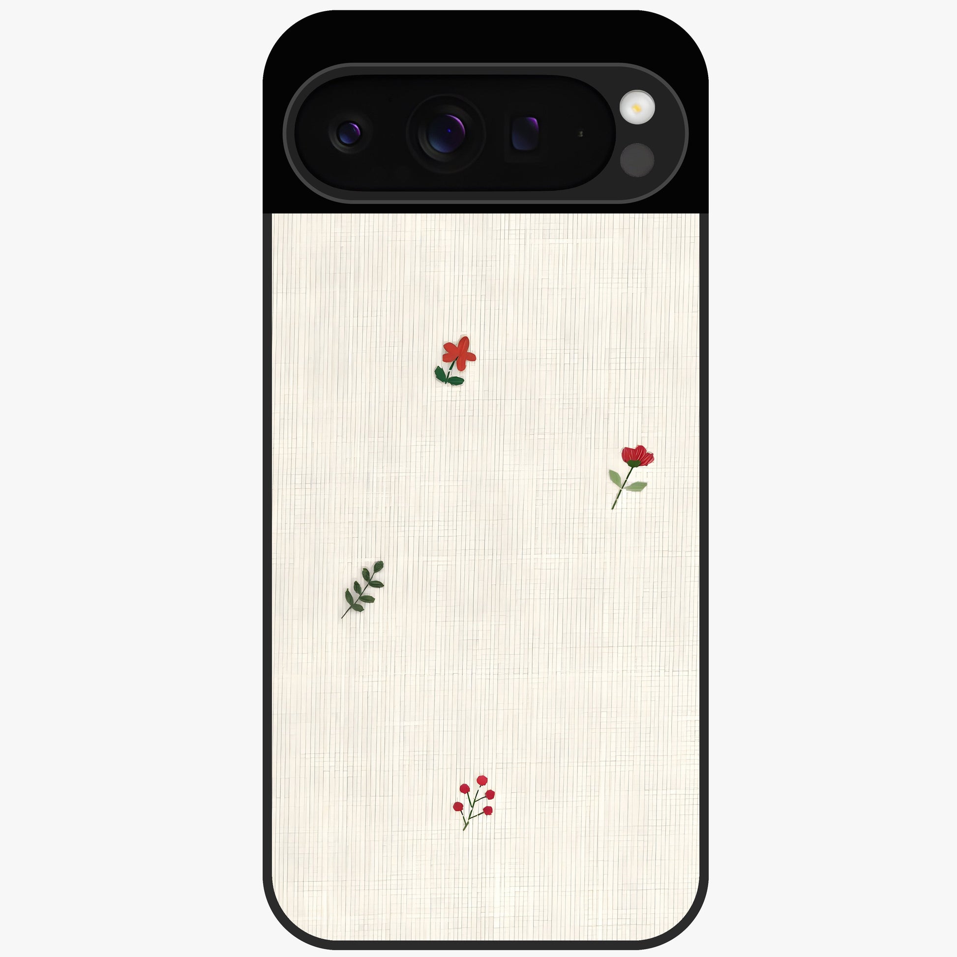 Minimal Petal Whispers Glass Case showing flat back view with soft minimal floral artwork and glossy glass finish.