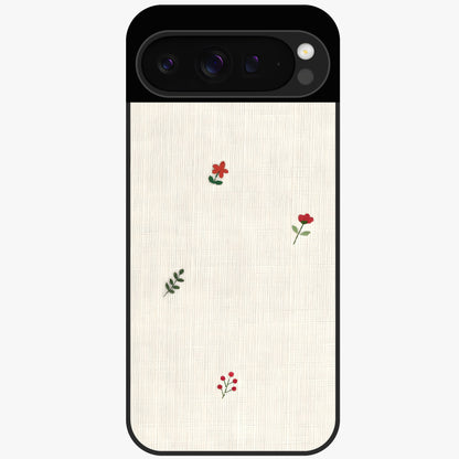 Minimal Petal Whispers Glass Case showing flat back view with soft minimal floral artwork and glossy glass finish.