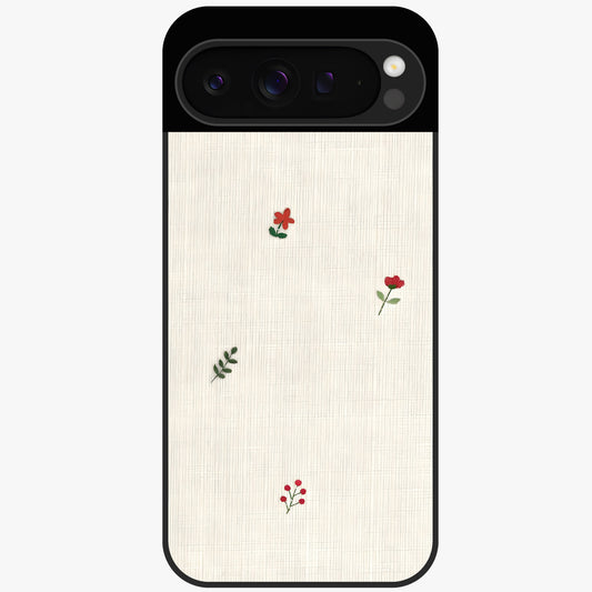Minimal Petal Whispers Glass Case showing flat back view with soft minimal floral artwork and glossy glass finish.