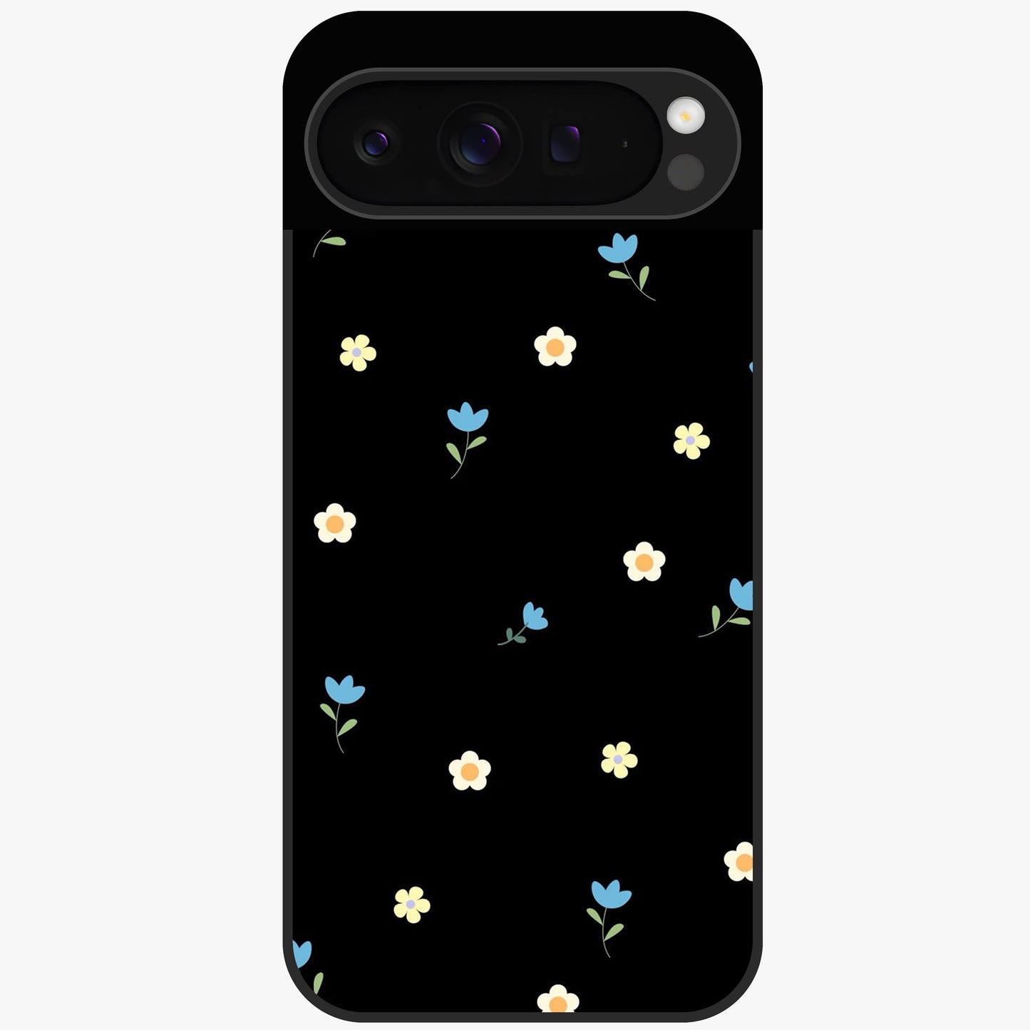 Minimalistic Blue With White Flower Pattern Glass Case showing flat back view with blue background and white flower pattern and glossy glass finish.