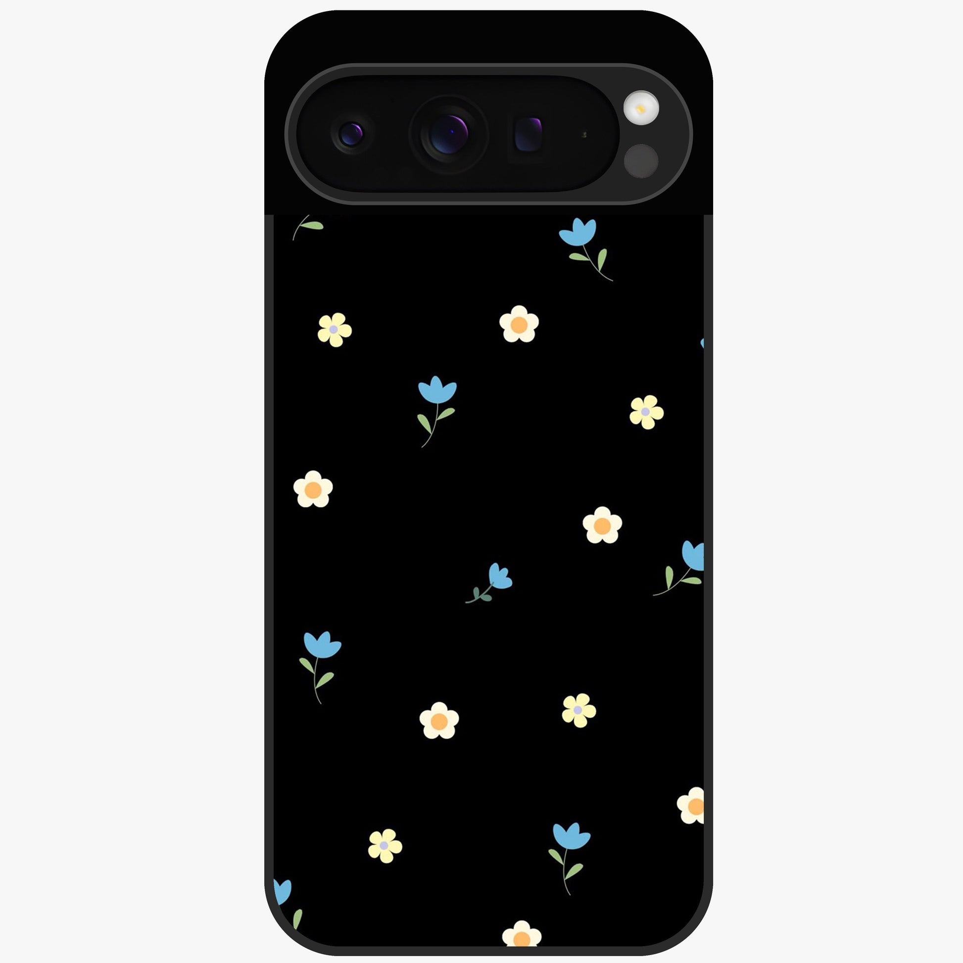 Minimalistic Blue With White Flower Pattern Glass Case showing flat back view with blue background and white flower pattern and glossy glass finish.