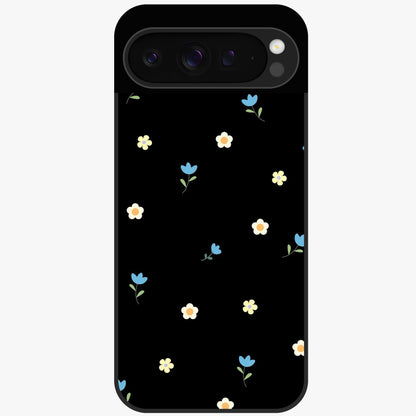 Minimalistic Blue With White Flower Pattern Glass Case showing flat back view with blue background and white flower pattern and glossy glass finish.