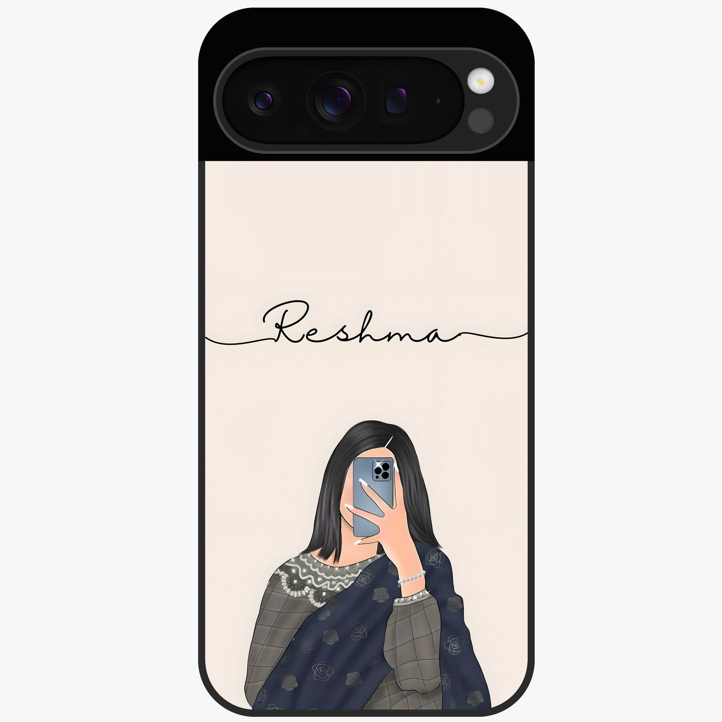 Mirror Mood Muse With Custom Name Glass Case showing flat back view with stylish mirrored artwork and personalized name design.