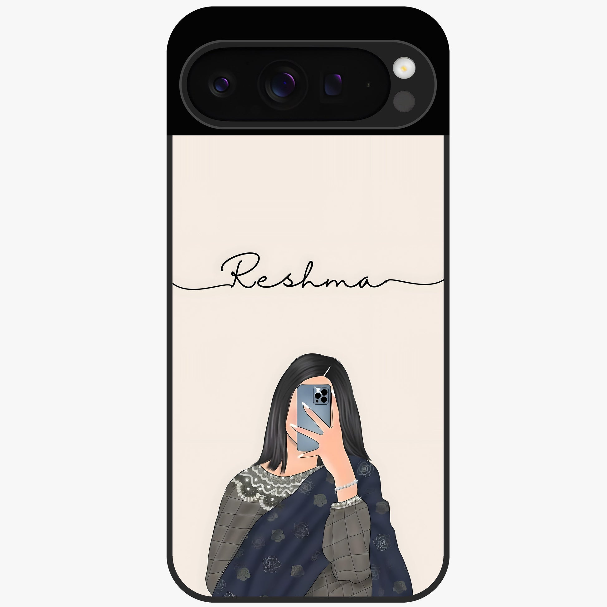 Mirror Mood Muse With Custom Name Glass Case showing flat back view with stylish mirrored artwork and personalized name design.