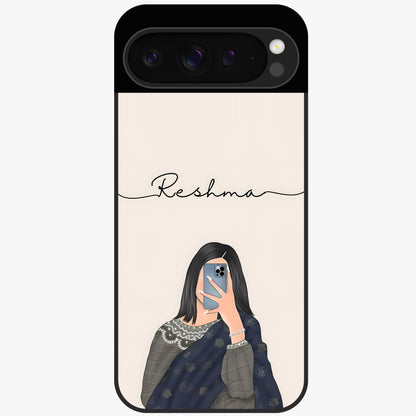 Mirror Mood Muse With Custom Name Glass Case showing flat back view with stylish mirrored artwork and personalized name design.