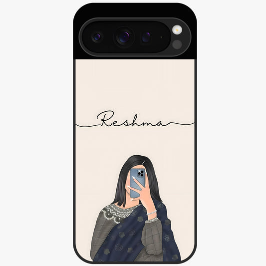 Mirror Mood Muse With Custom Name Glass Case showing flat back view with stylish mirrored artwork and personalized name design.