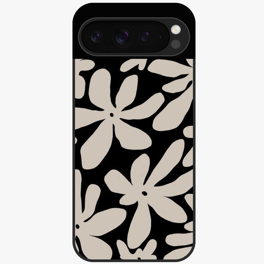 Monochrome Petal Dance Glass Case showing flat back view with monochrome floral artwork and glossy glass finish.