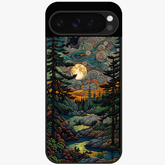 Moonlight Forest Dream Glass Case showing flat back view with mystical forest moonlight artwork and glossy glass finish.