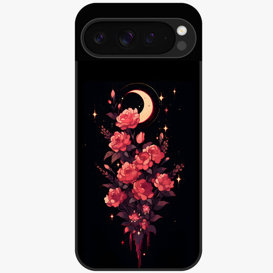 Moonlit Floral Elegance Glass Case showing flat back view with elegant floral artwork under moonlit tones and glossy glass finish.