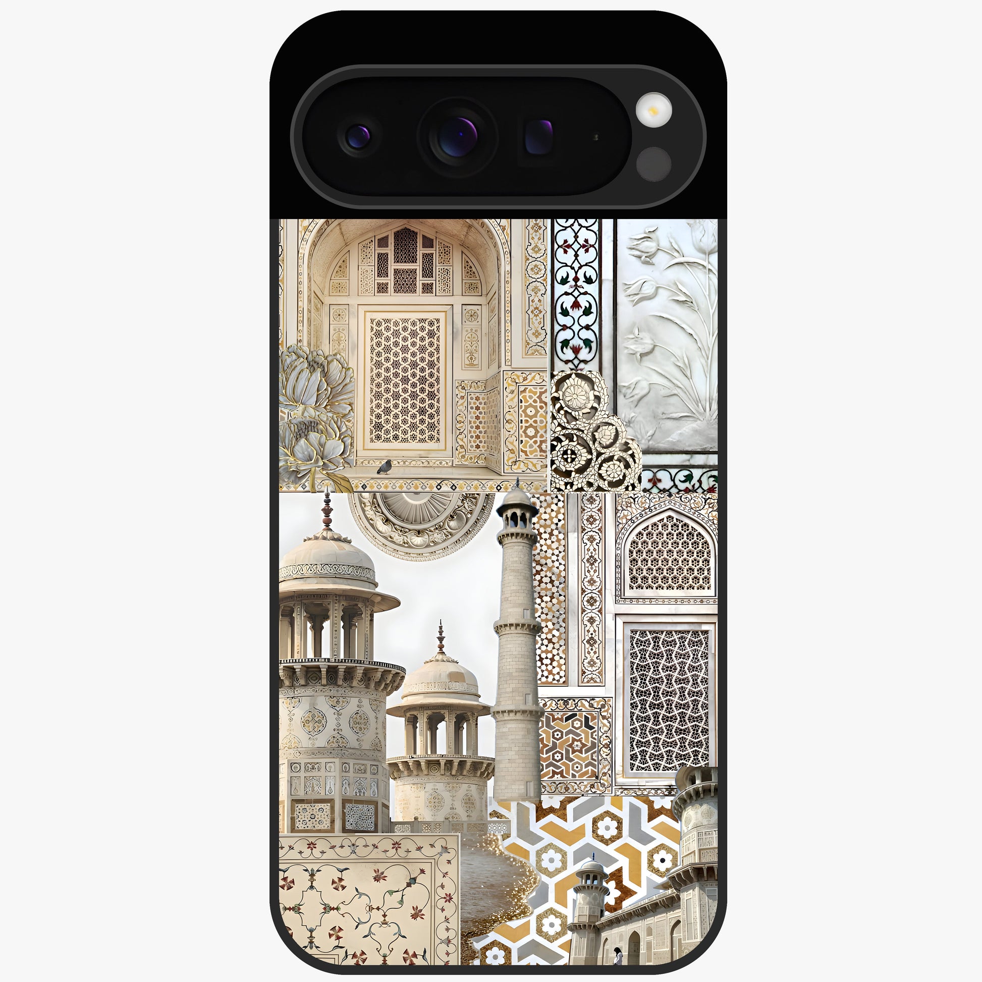 Mughal Marble Legacy Glass Case showing flat back view with intricate Mughal inspired marble pattern and glossy glass finish.