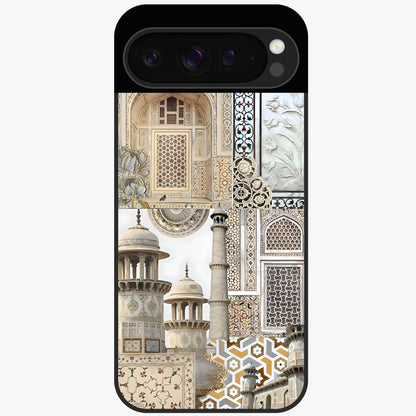 Mughal Marble Legacy Glass Case showing flat back view with intricate Mughal inspired marble pattern and glossy glass finish.