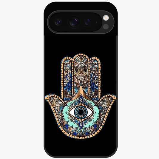 Mystic Hamsa Eye Glass Case showing flat back view with protective hamsa hand and evil eye artwork and glossy glass finish.