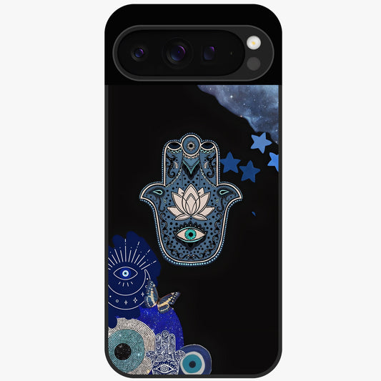 Mystic Hand Aura Glass Case showing flat back view with mystical hand symbol artwork and glossy glass finish.