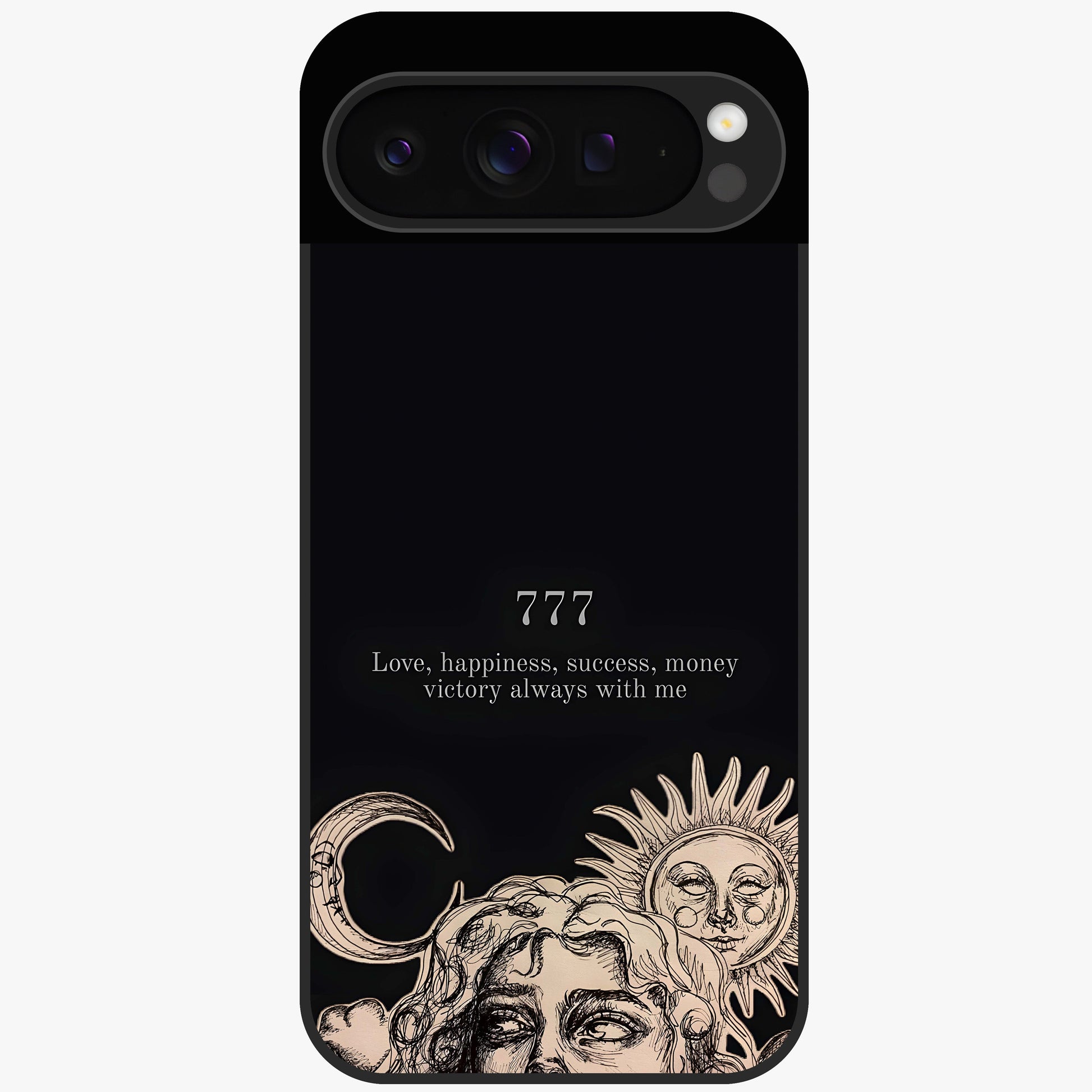 Mystic Victory Aura Glass Case showing flat back view with victory symbol artwork and glossy glass finish.
