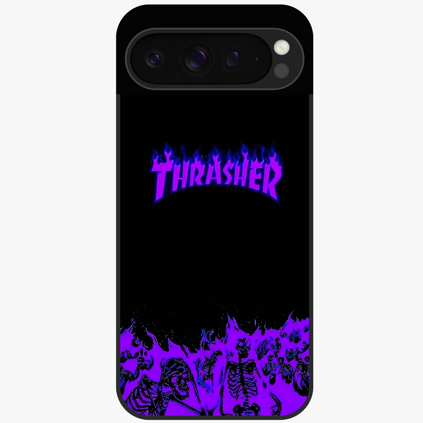 Neon Flame Riot Glass Case showing flat back view with neon flame artwork and glossy glass finish.