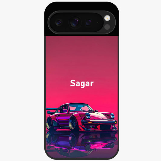 Neon Pink Porsche Glass Case showing flat back view with stylish sports car artwork and glossy glass finish.