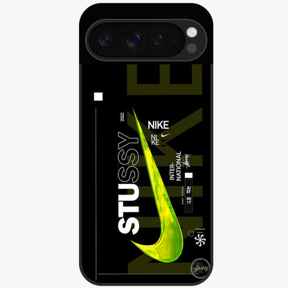 Neon Street Edition Glass Case showing flat back view with neon street style artwork and glossy glass finish.