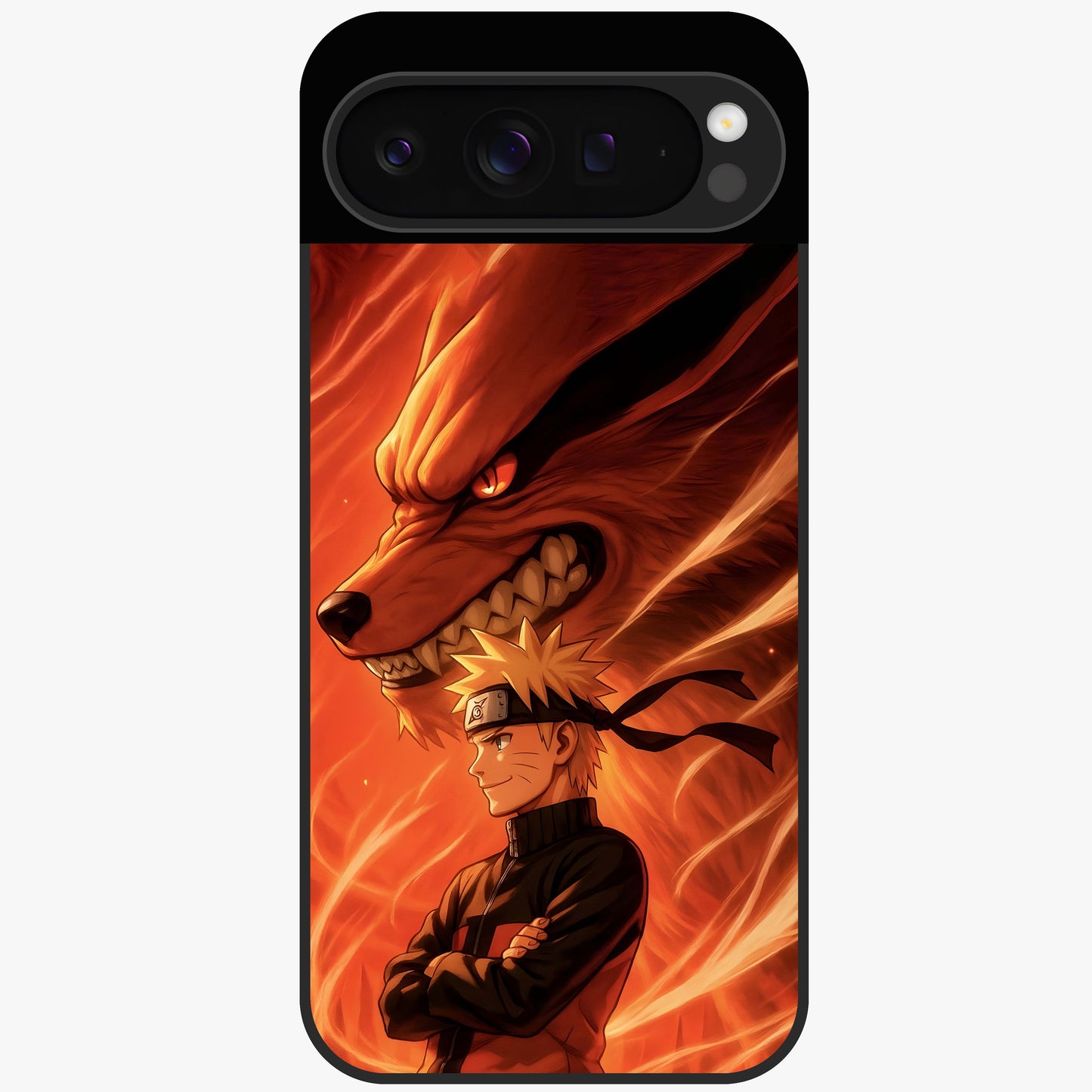 Nine Tails Legacy Glass Case showing flat back view with powerful nine-tailed fox inspired artwork and glossy glass finish.