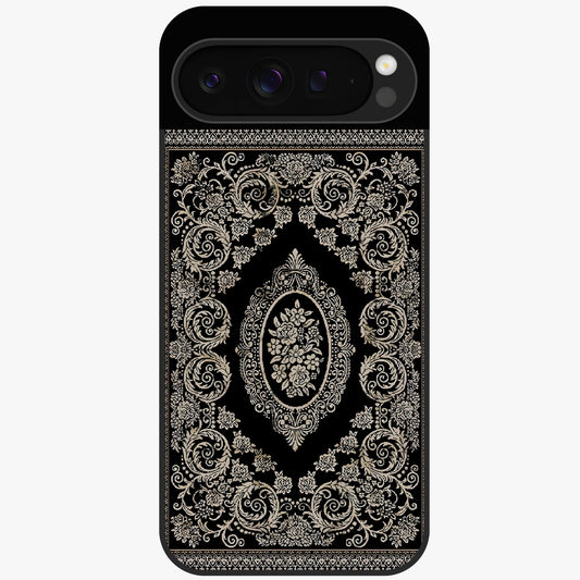 Noir Bloom Elegance Glass Case showing flat back view with elegant dark floral artwork and glossy glass finish.