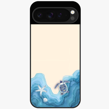 Ocean Drift Turtle Glass Case showing flat back view with sea turtle artwork and glossy glass finish.
