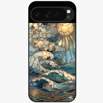 Oceanic Stained Printed Glass Case showing flat back view with ocean inspired stained pattern artwork and glossy glass finish.
