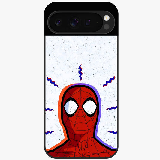Omg Spiderman Glass Case showing flat back view with bold superhero inspired artwork and glossy glass finish.