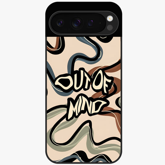 Out Of Mind Glass Case showing flat back view with expressive typography artwork and glossy glass finish.